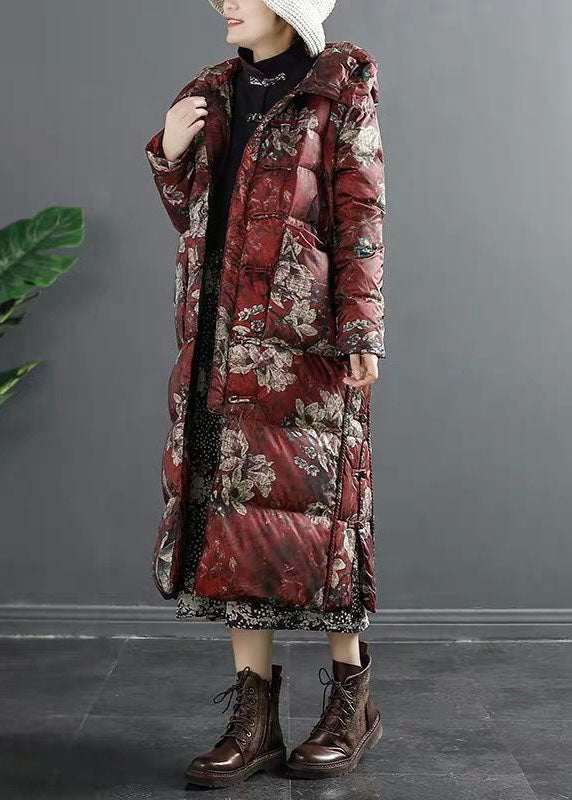 Red Hooded Print Duck Down Winter Down Coat
