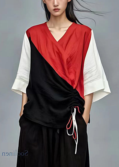 Red Lace Up Patchwork Cotton T Shirt Bracelet Sleeve