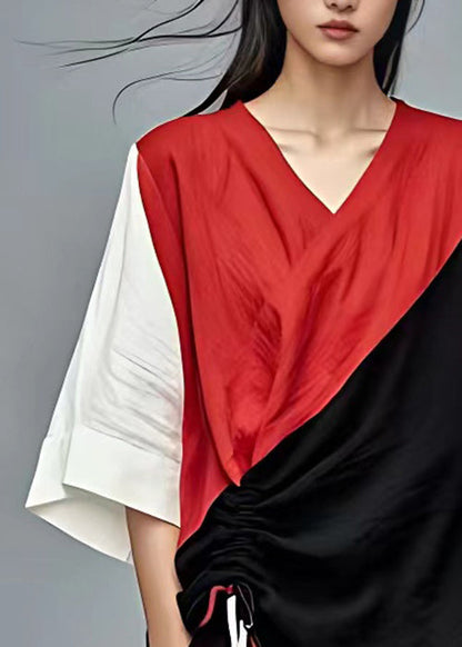 Red Lace Up Patchwork Cotton T Shirt Bracelet Sleeve
