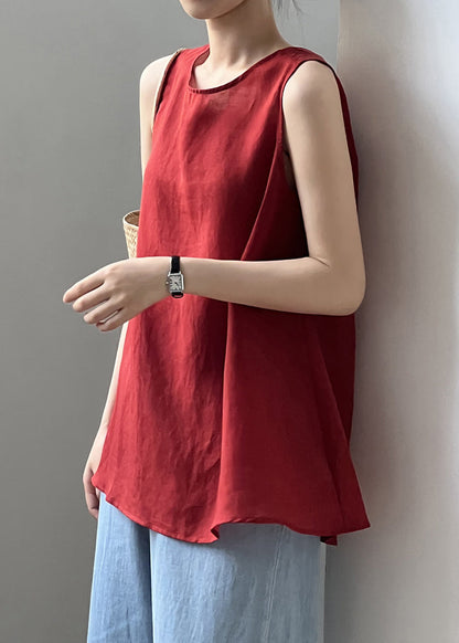 Red Lace Up Cotton Tops Sleeveless