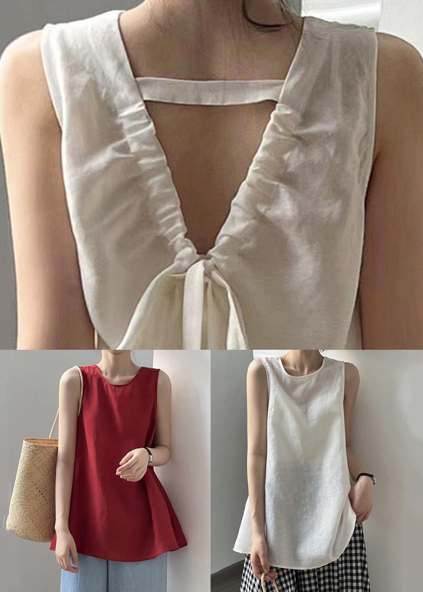 Red Lace Up Cotton Tops Sleeveless
