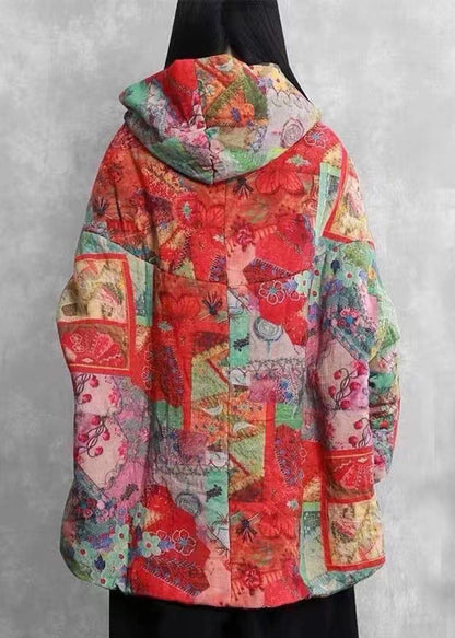 Red Loose Hooded Pockets Winter Cotton Puffer Jacket
