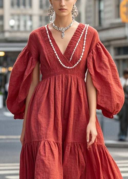 Red Nail Bead Exra Large Hem Cotton Dress Spring