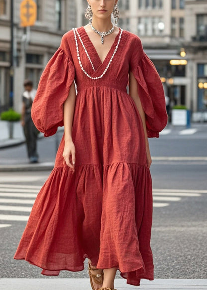 Red Nail Bead Exra Large Hem Cotton Dress Spring