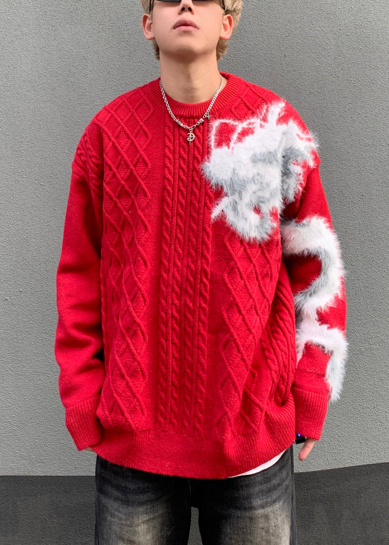 Red O Neck Cozy Patchwork Knit Sweaters Spring