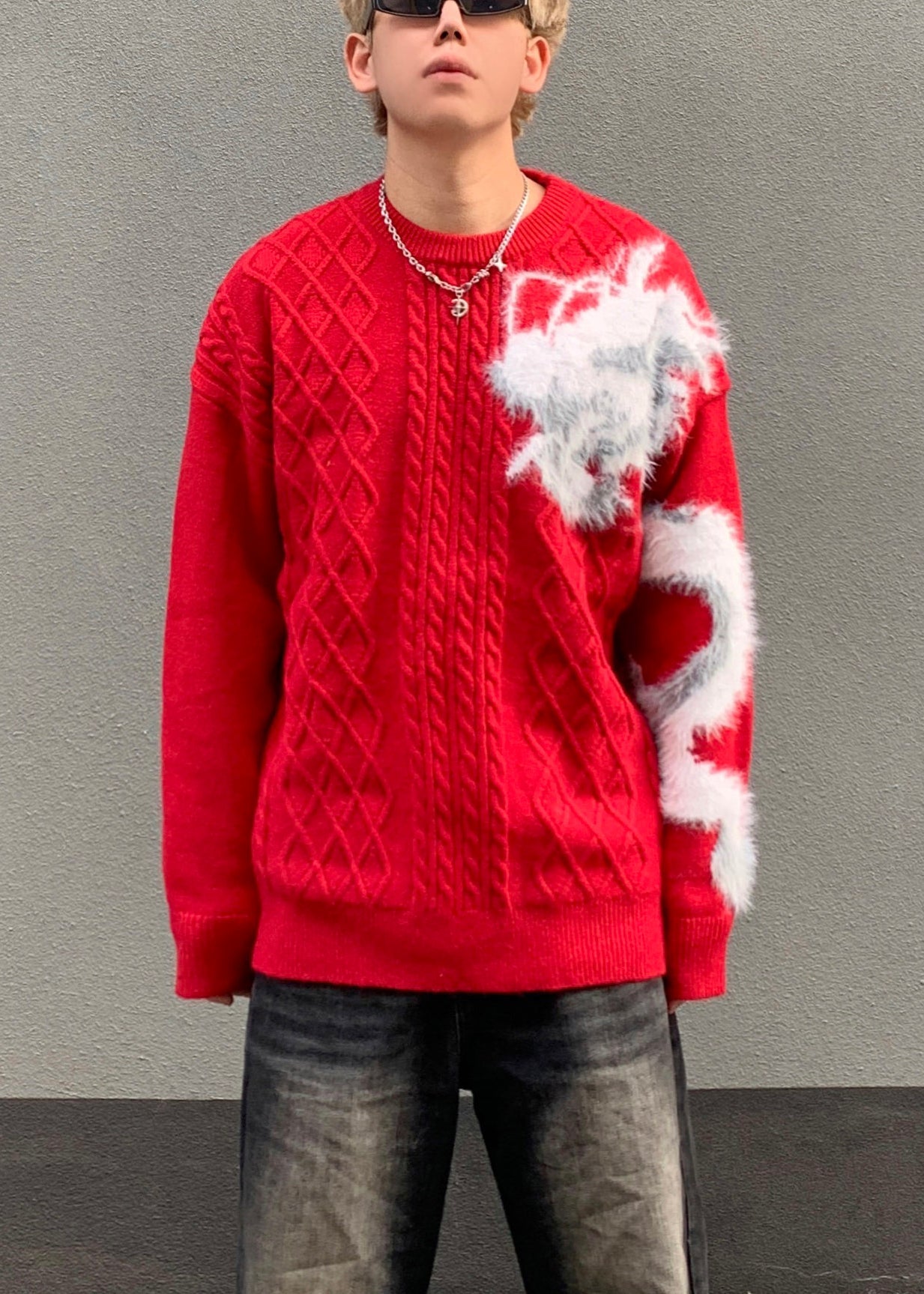 Red O Neck Cozy Patchwork Knit Sweaters Spring