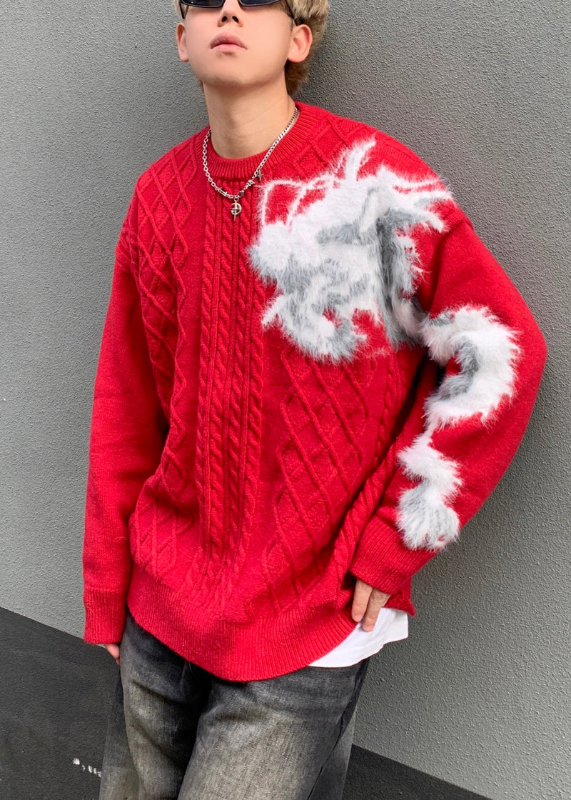 Red O Neck Cozy Patchwork Knit Sweaters Spring