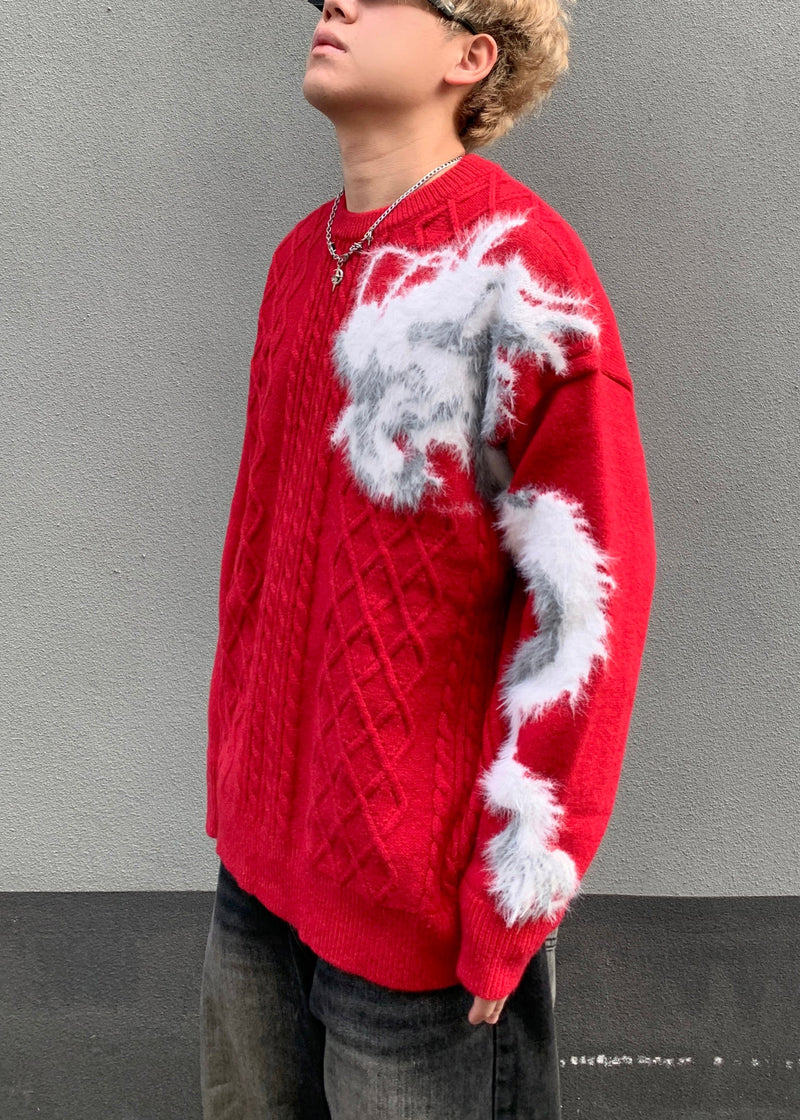 Red O Neck Cozy Patchwork Knit Sweaters Spring