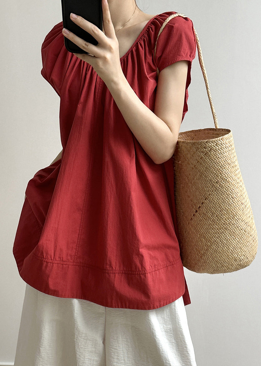 Red O Neck Lace Up Loose Cotton Top Summer