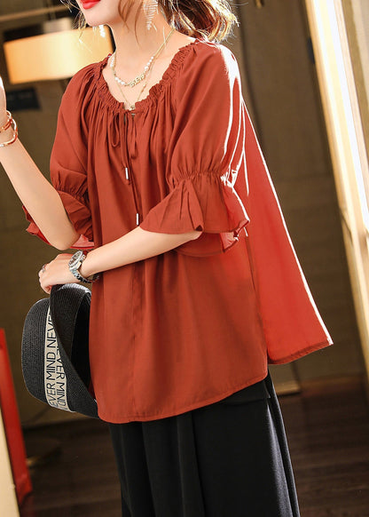 Red O-neck Neck Tiie Side Open Shirts Short Sleeve