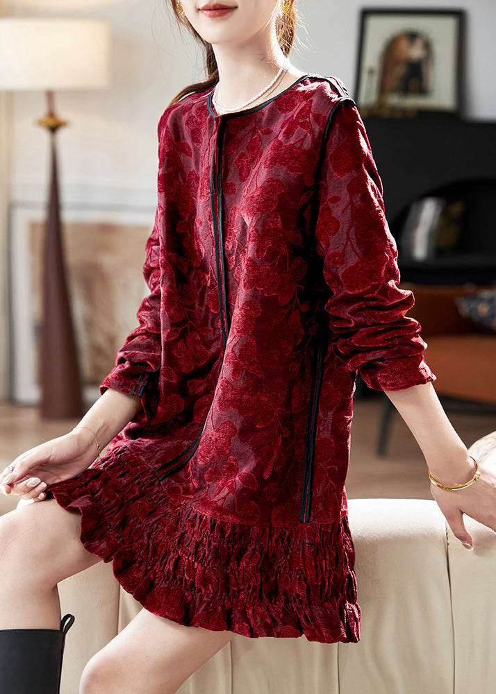 Red O Neck Ruffled Patchwork Velvet Mid Dress Spring