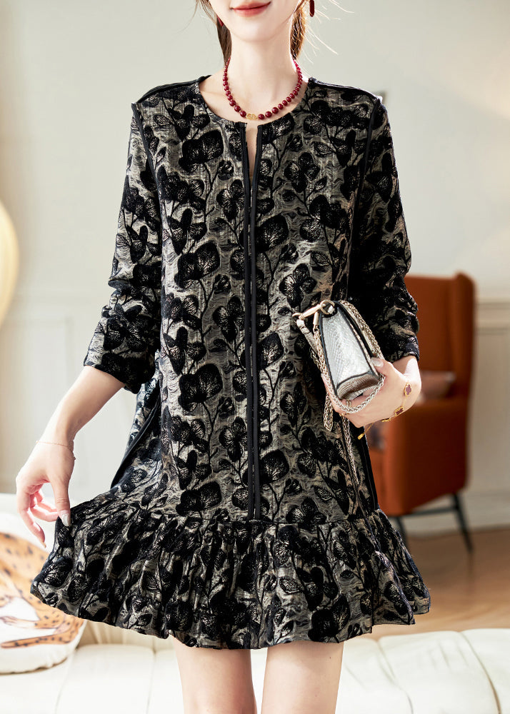 Red O Neck Ruffled Patchwork Velvet Mid Dress Spring