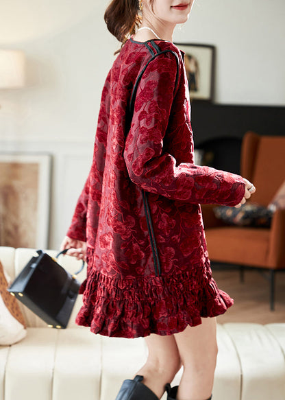 Red O Neck Ruffled Patchwork Velvet Mid Dress Spring