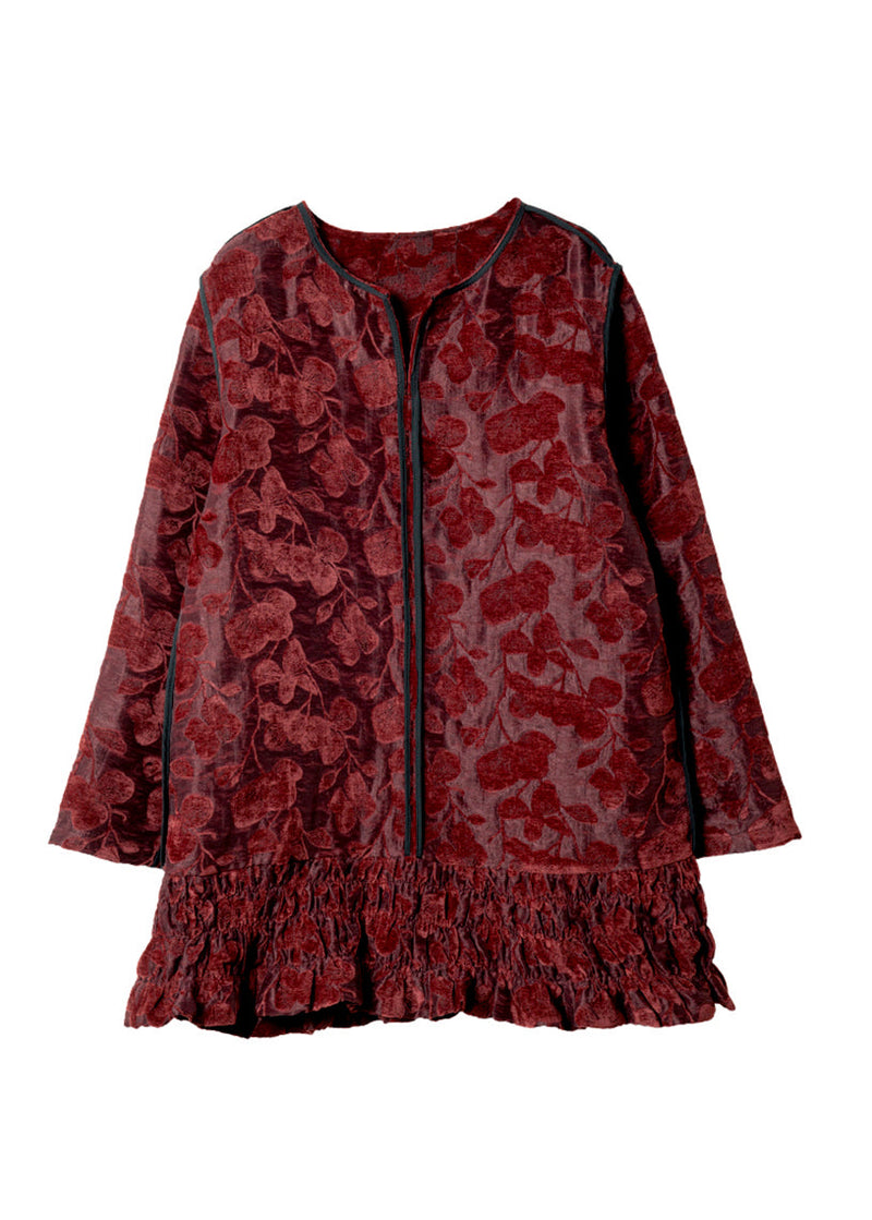 Red O Neck Ruffled Patchwork Velvet Mid Dress Spring