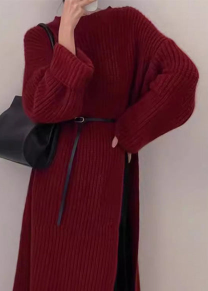 Red O Neck Side Open Knit Long Sweater Winter
