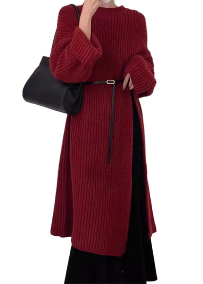Red O Neck Side Open Knit Long Sweater Winter
