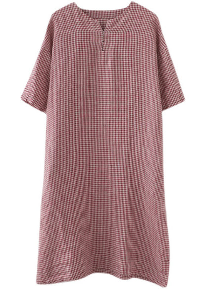 Red Oversized Plaid Linen a Line Dresses Summer