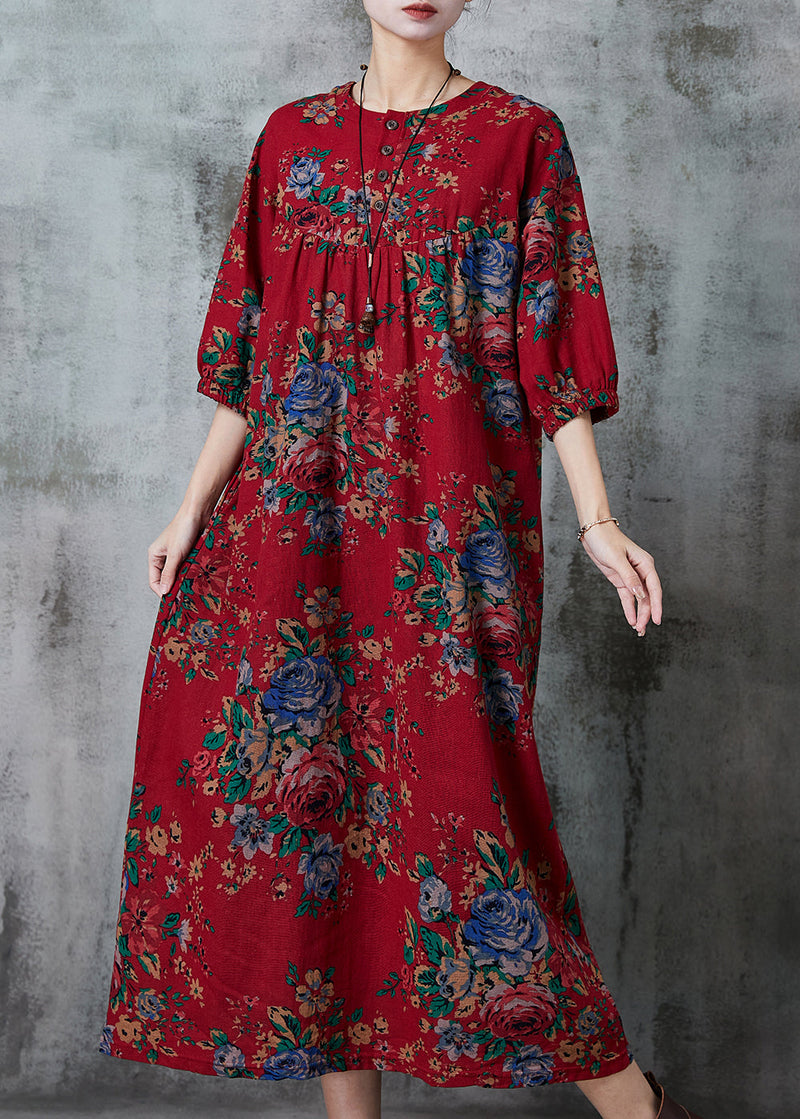 Red Oversized Print Cotton Long Dress Summer