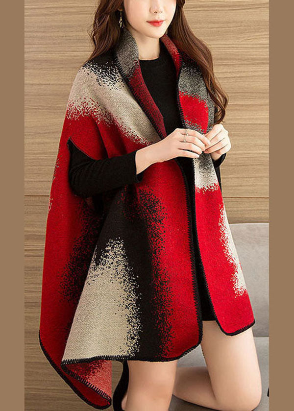 Red Oversized Print Warm Wool Knit Cloak Spring