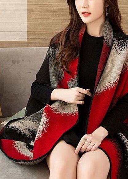 Red Oversized Print Warm Wool Knit Cloak Spring