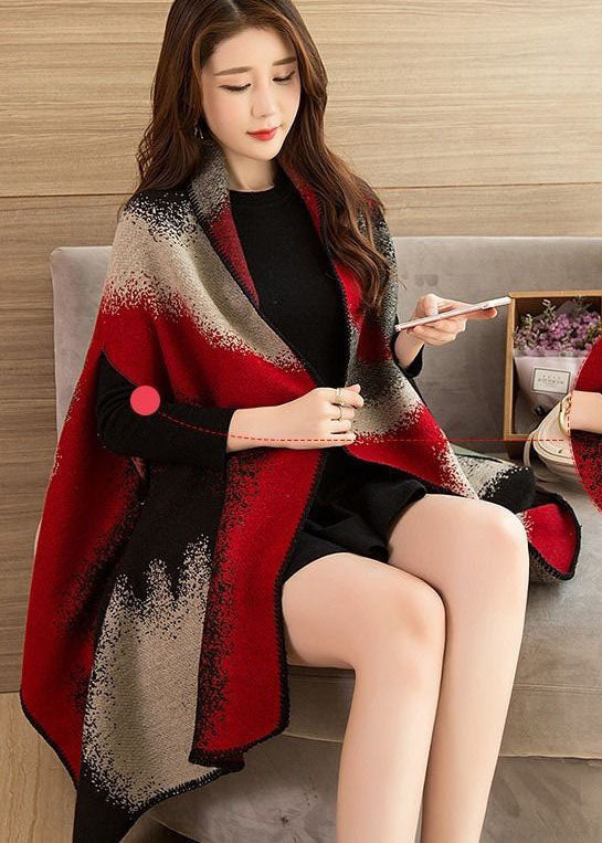 Red Oversized Print Warm Wool Knit Cloak Spring