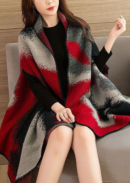 Red Oversized Print Warm Wool Knit Cloak Spring
