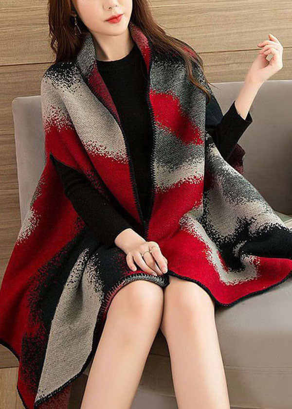Red Oversized Print Warm Wool Knit Cloak Spring