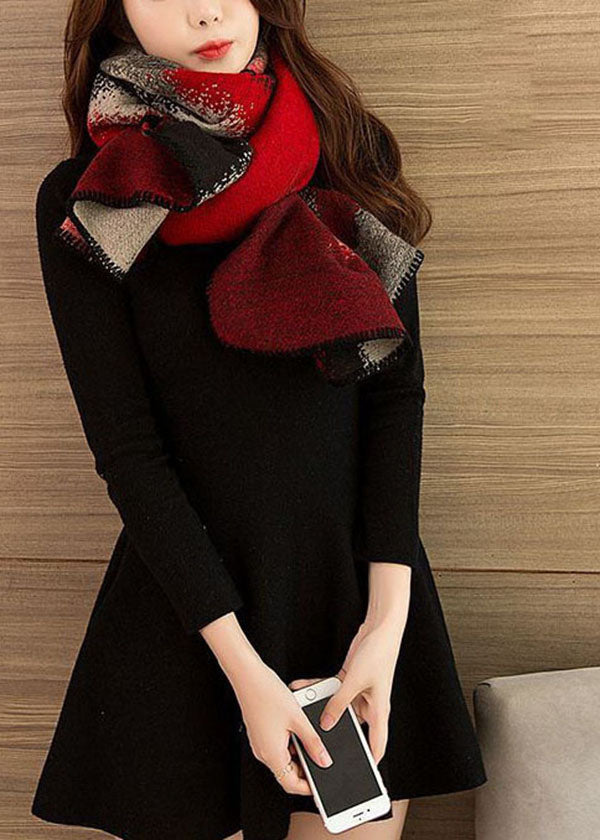Red Oversized Print Warm Wool Knit Cloak Spring