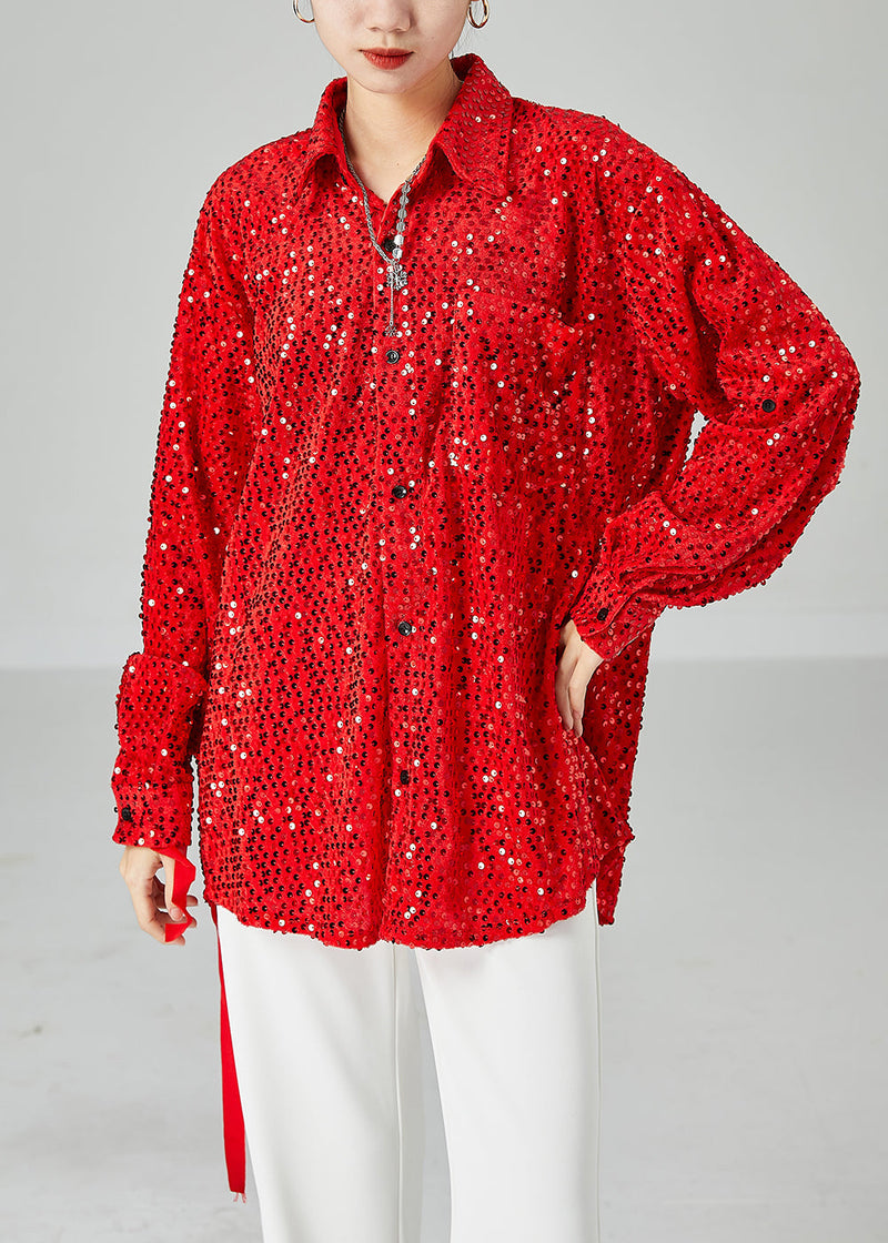 Red Oversized Sequins Silk Velour Shirt Tops Spring