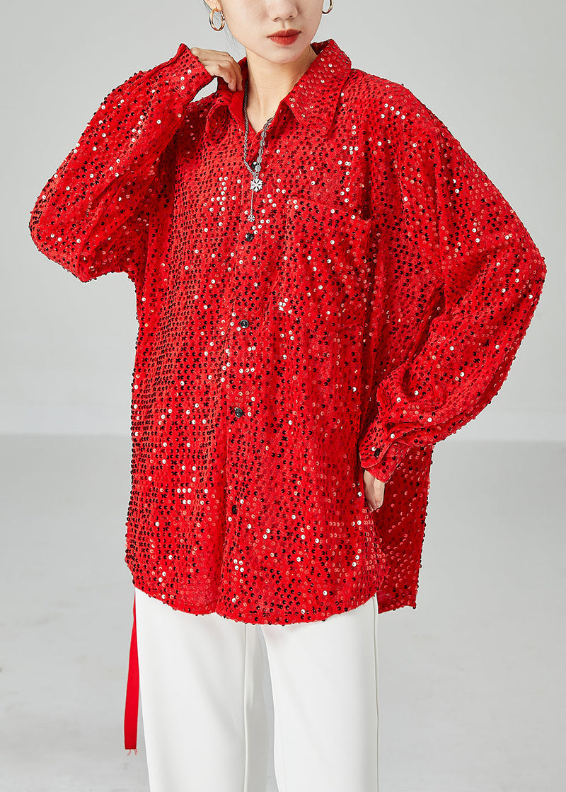 Red Oversized Sequins Silk Velour Shirt Tops Spring