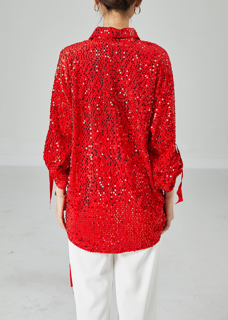 Red Oversized Sequins Silk Velour Shirt Tops Spring