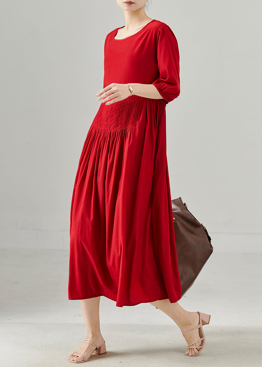 Red Oversized Wrinkled Cotton Dresses Half Sleeve