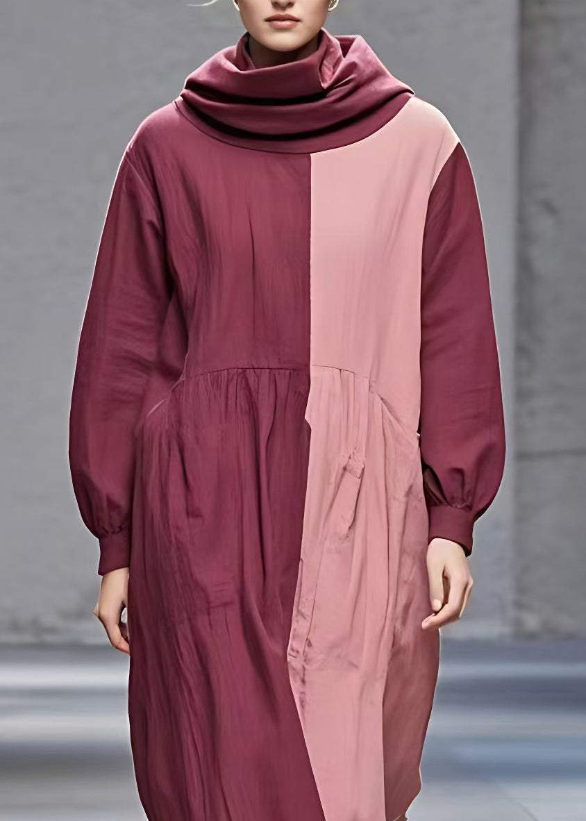 Red Patchwork Wrinkled Maxi Dress Long Sleeve
