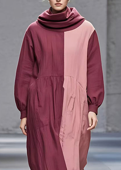 Red Patchwork Wrinkled Maxi Dress Long Sleeve