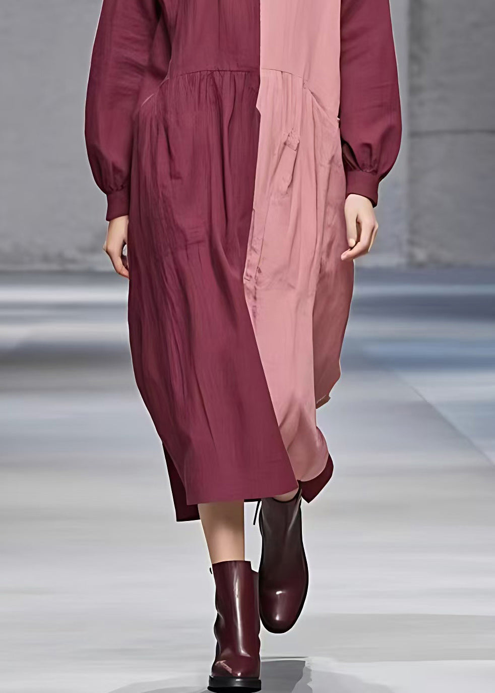 Red Patchwork Wrinkled Maxi Dress Long Sleeve