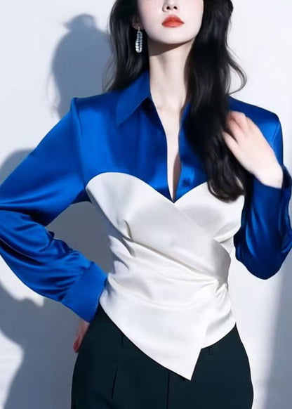 Chic Red Peter Pan Collar Patchwork Silk Shirt Spring