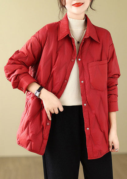 Red Peter Pan Collar Pockets Button Parkas Winter