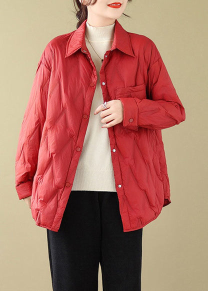 Red Peter Pan Collar Pockets Button Parkas Winter