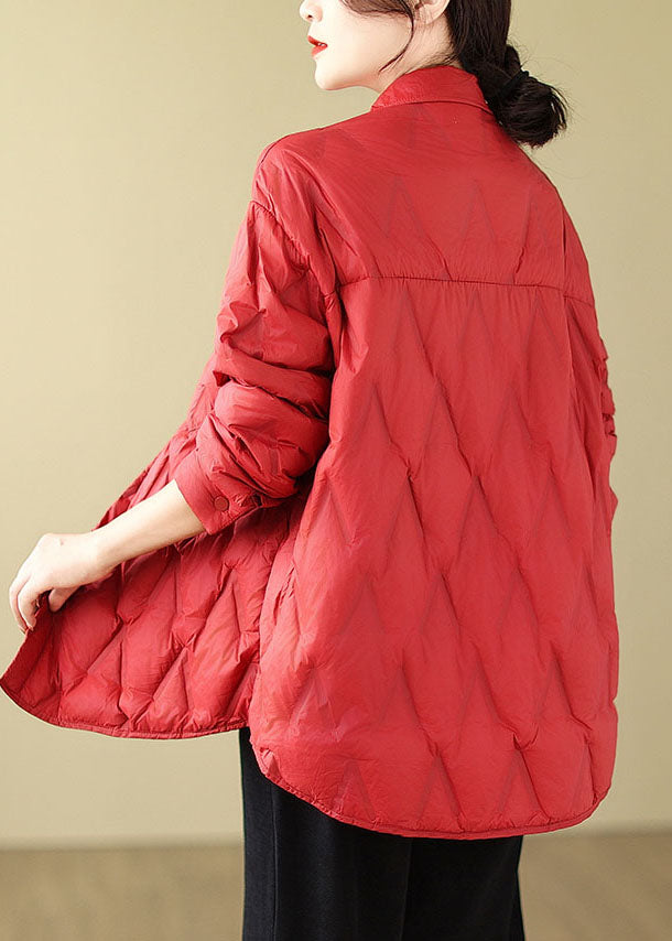 Red Peter Pan Collar Pockets Button Parkas Winter