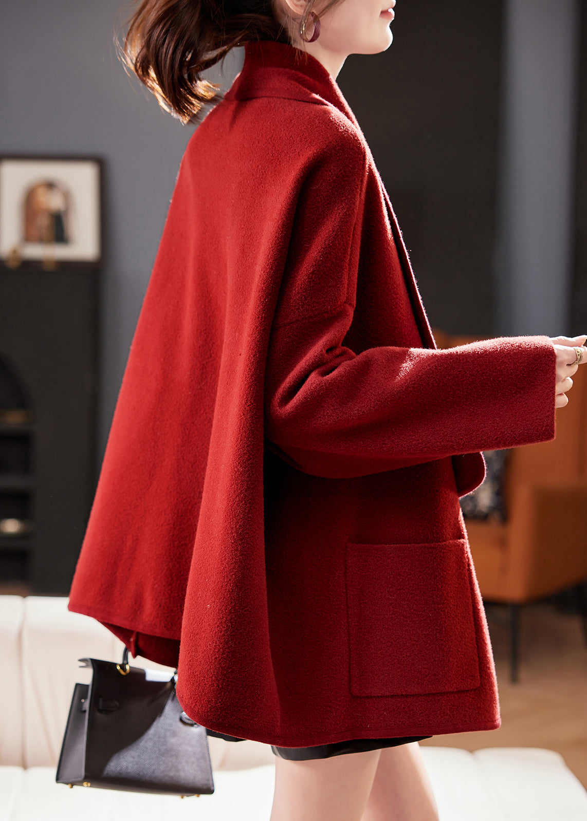 Red Peter Pan Collar Pockets Woolen Cardigans Coat Spring