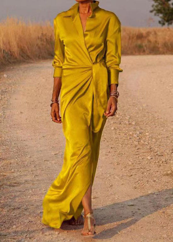 Red Peter Pan Collar Tie Waist Silk Long Dress Spring
