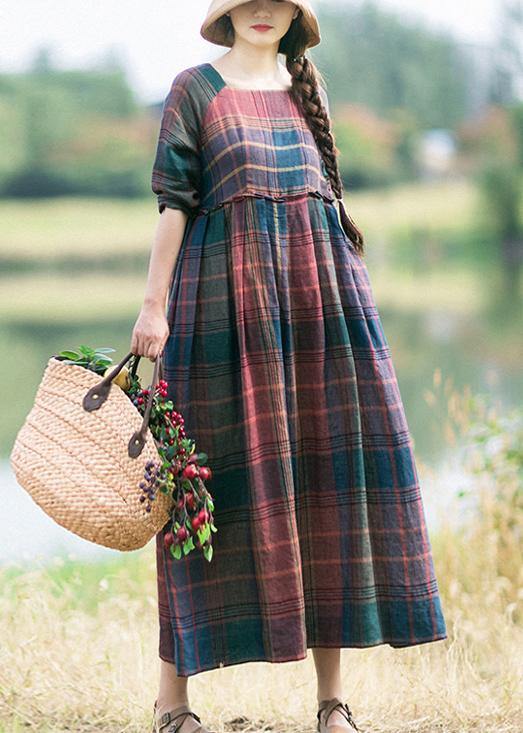 Red Plaid Clothes for Wrinkled Robe Spring Dress