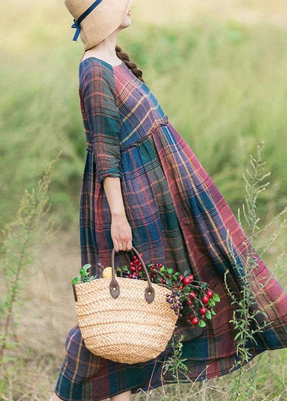 Red Plaid Clothes for Wrinkled Robe Spring Dress