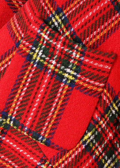 Red Plaid Patchwork Woolen Coat Spring