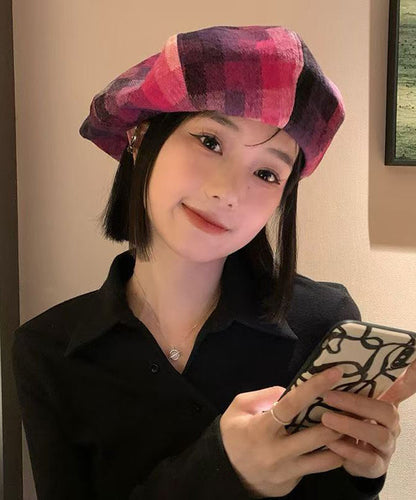 Red Plaid Versatile Woolen Beret Hat