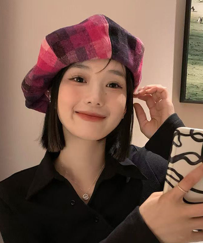 Red Plaid Versatile Woolen Beret Hat