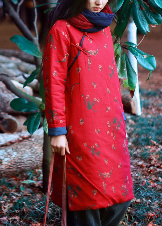 Red Print Button Pockets Cotton Filled Mid Dress Winter