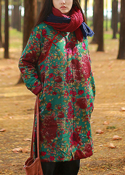Red Print Button Pockets Cotton Filled Mid Dress Winter