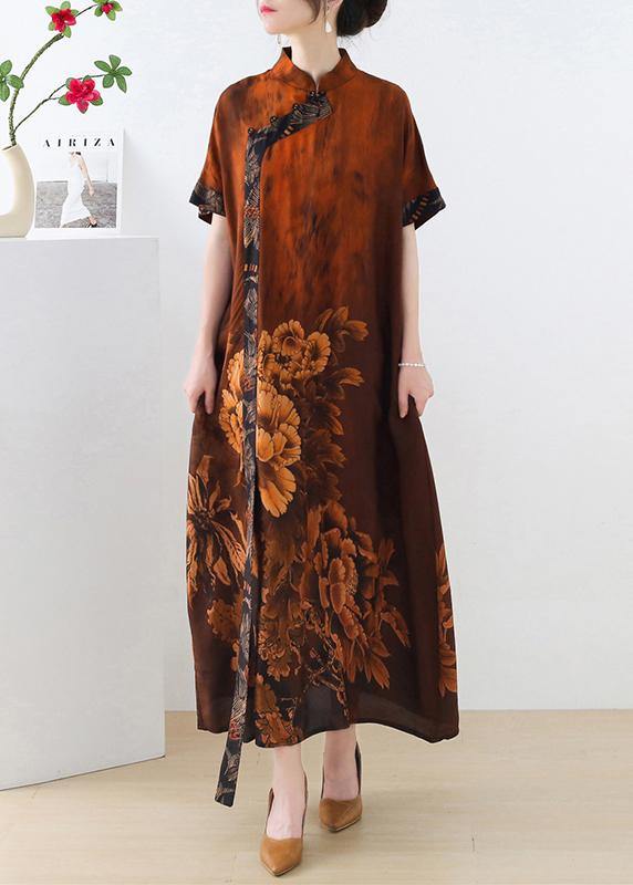 Red Print Chiffon Peony Oriental Summer Dress