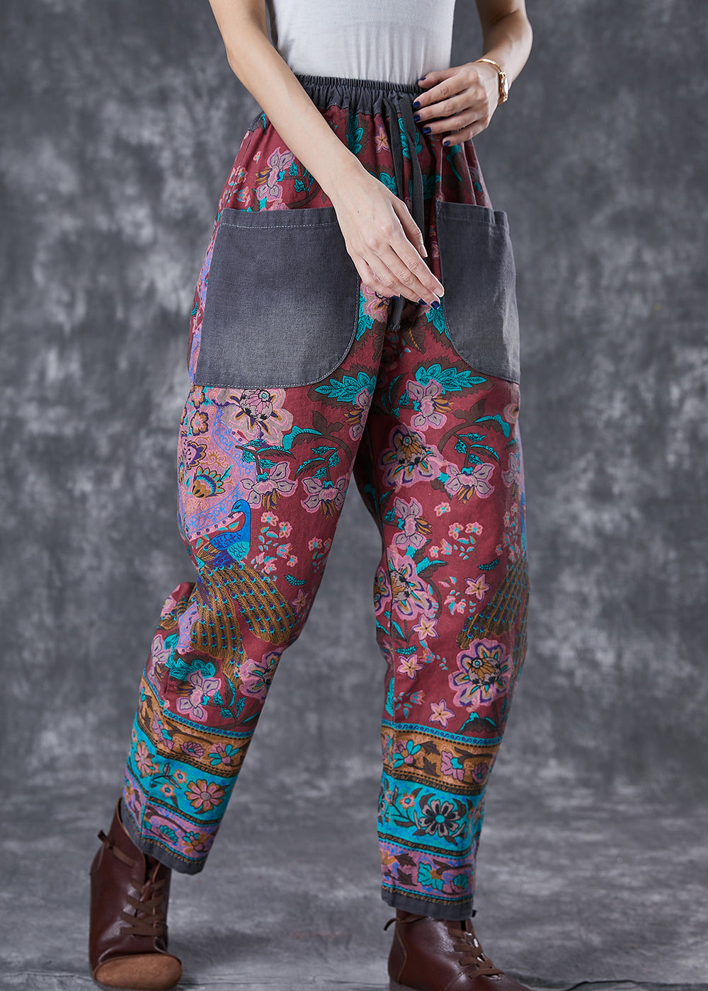 Red Print Elastic Waist Patchwork Pockets Cotton Harem Pants Fall